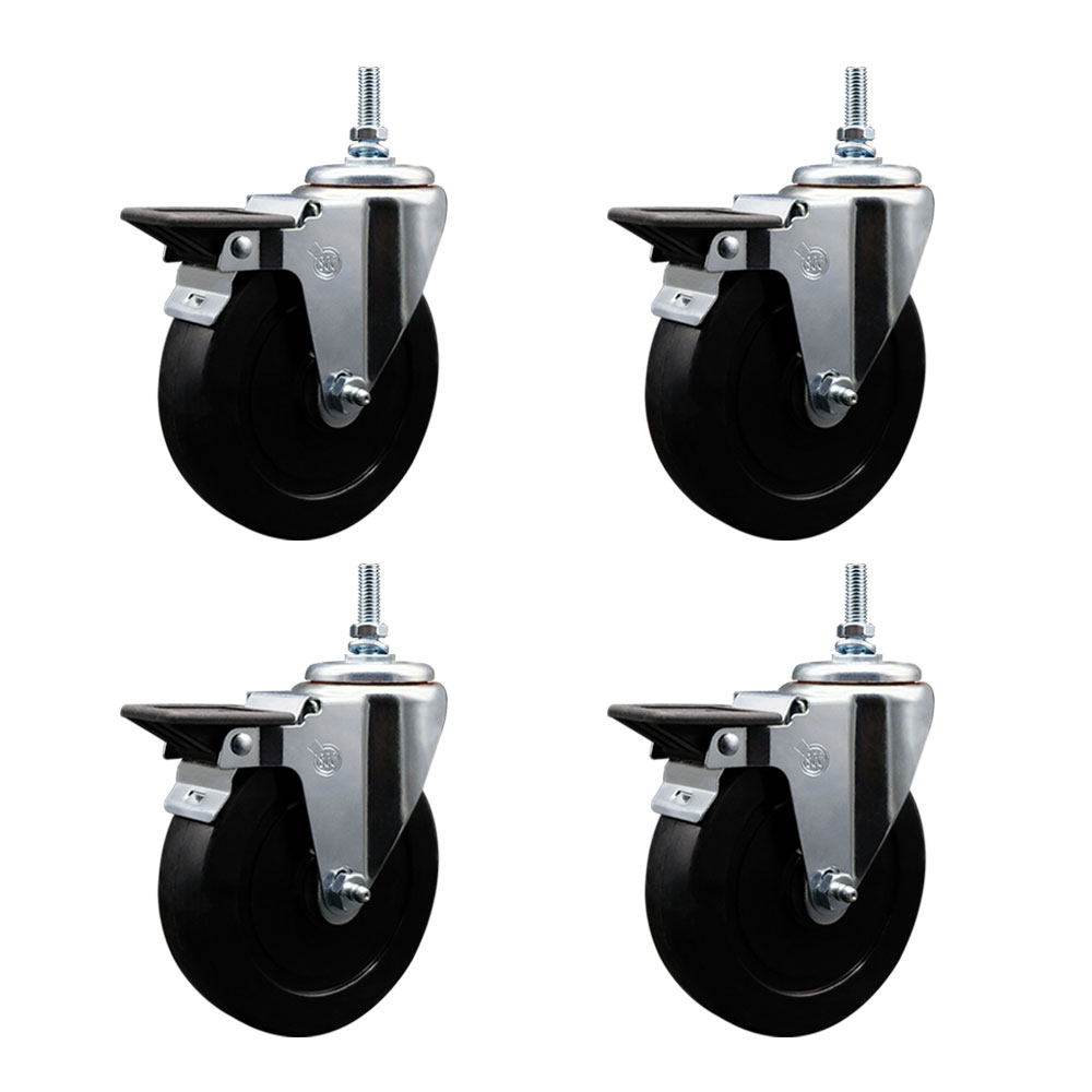 Soft Rubber Swivel Threaded Stem Caster Set of 4 w/5" x 1.25" Black Wheels and 12MM Stems - Includes 4 with Posi Lock Brakes - 1100 lbs Total Capacity - Service Caster Brand — photo 1