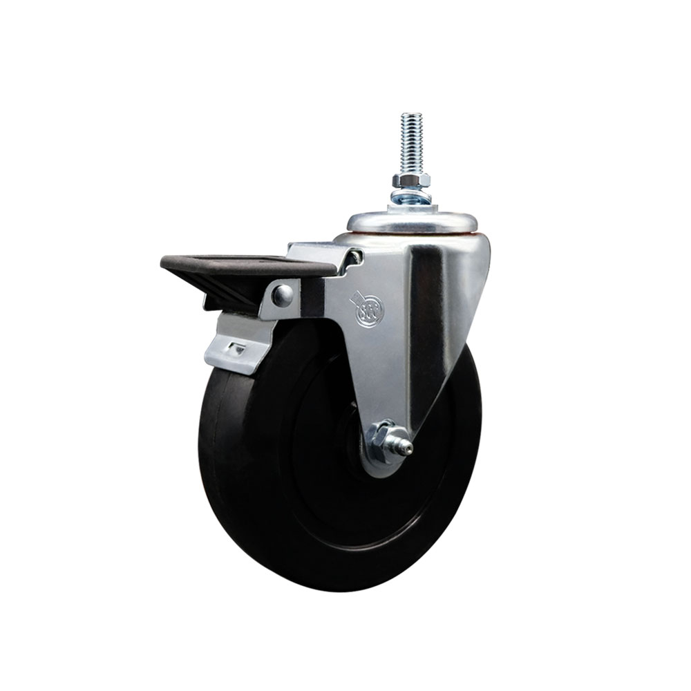 Soft Rubber Swivel Threaded Stem Caster w/5" x 1.25" Black Wheel and 12MM Stem & Posi Locking Brake - 275 lbs Capacity/Caster - Service Caster Brand — photo 1