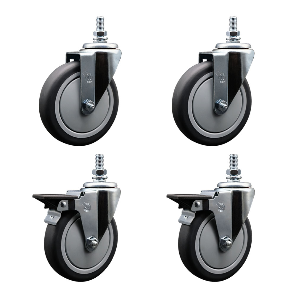 Thermoplastic Rubber Swivel Threaded Stem Caster Set of 4 - 5" x 1.25" Gray Wheels and 1/2" Stems - Includes 2 with Posi Locking Brake - 1200 lbs Total Capacity - Service Caster Brand — photo 1