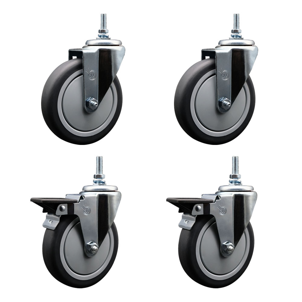 Thermoplastic Rubber Swivel Threaded Stem Caster Set of 4 - 5" x 1.25" Gray Wheels and 3/8" Stems - Includes 2 with Posi Locking Brake - 1200 lbs Total Capacity - Service Caster Brand — photo 1