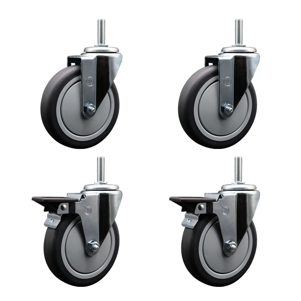 Thermoplastic Rubber Swivel Threaded Stem Caster Set of 4 - 5" x 1.25" Gray Wheels and 5/8" Stems - Includes 2 with Posi Locking Brake - 1200 lbs Total Capacity - Service Caster Brand — photo 1