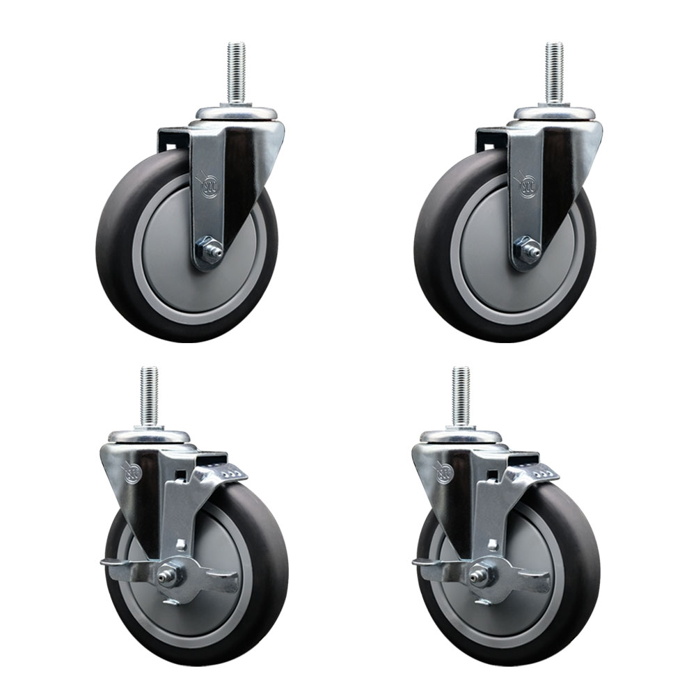 Thermoplastic Rubber Swivel Threaded Stem Caster Set of 4 - 5" x 1.25" Gray Wheels and 5/8" Stems - Includes 2 with Top Locking Brake - 1200 lbs Total Capacity - Service Caster Brand — photo 1