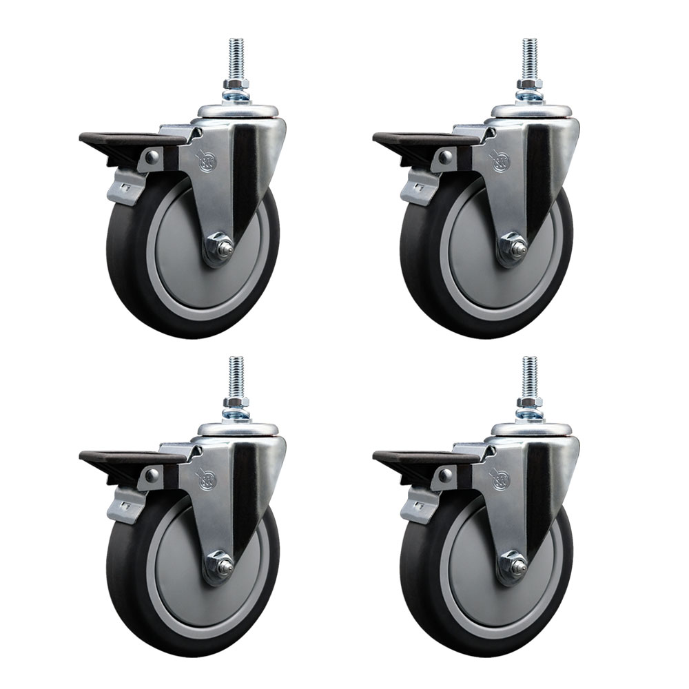Thermoplastic Rubber Swivel Threaded Stem Caster Set of 4 w/5" x 1.25" Gray Wheels and 3/8" Stems - Includes 4 with Posi Lock Brakes - 1200 lbs Total Capacity - Service Caster Brand — photo 1