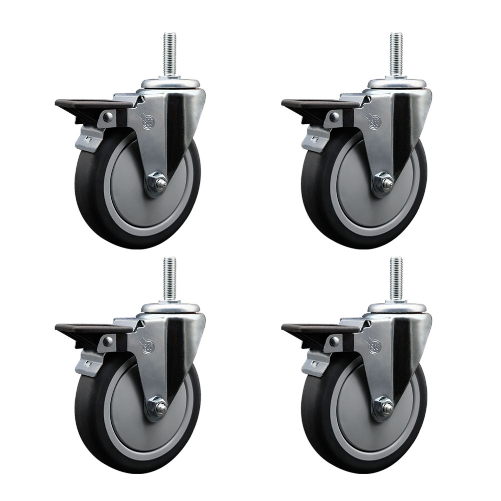 Thermoplastic Rubber Swivel Threaded Stem Caster Set of 4 w/5" x 1.25" Gray Wheels and 5/8" Stems - Includes 4 with Posi Lock Brakes - 1200 lbs Total Capacity - Service Caster Brand — photo 1