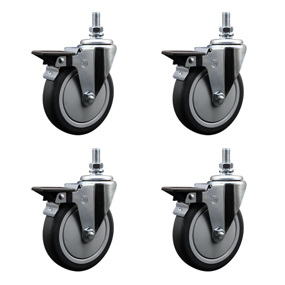 Thermoplastic Rubber Swivel Threaded Stem Caster Set of 4 w/5" x 1.25" Gray Wheels and 10MM Stems - Includes 4 with Posi Lock Brakes - 1200 lbs Total Capacity - Service Caster Brand — photo 1