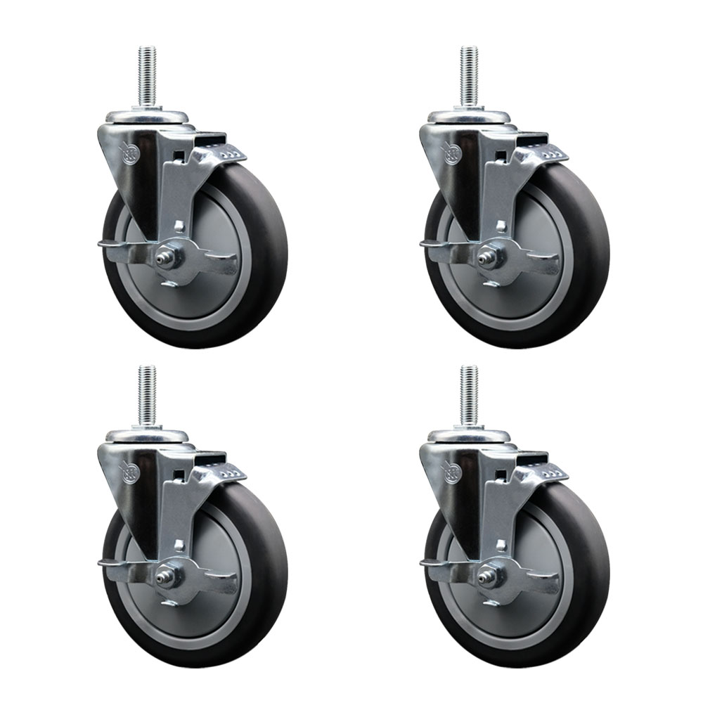 Thermoplastic Rubber Swivel Threaded Stem Caster Set of 4 w/5" x 1.25" Gray Wheels and 3/4" Stems - Includes 4 with Top Lock Brakes - 1200 lbs Total Capacity - Service Caster Brand — photo 1