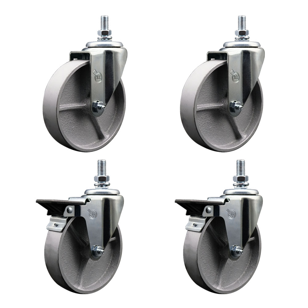Semi Steel Cast Iron Swivel Threaded Stem Caster Set of 4 w/Roller Bearing - 5" x 1.25" Silver Wheels and 3/4" Stems - Includes 2 with Posi Locking Brake - 1200lbs Total Capacity- Service Caster Brand — photo 1