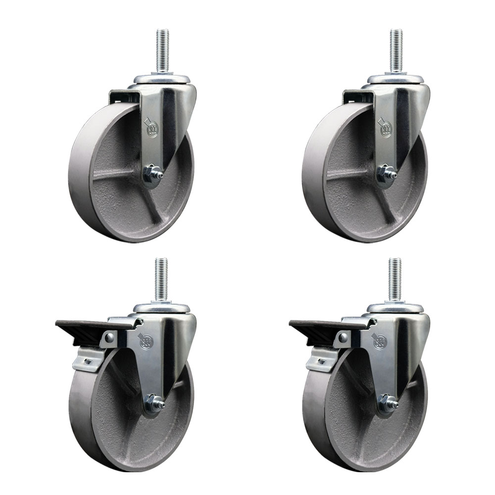 Semi Steel Cast Iron Swivel Threaded Stem Caster Set of 4 - 5" x 1.25" Silver Wheels and 3/4" Stems - Includes 2 with Posi Locking Brake - 1200 lbs Total Capacity - Service Caster Brand — photo 1
