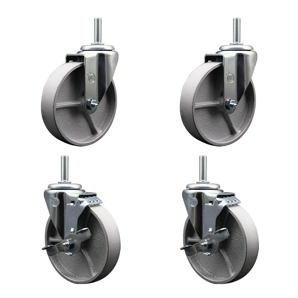 Semi Steel Cast Iron Swivel Threaded Stem Caster Set of 4 w/Roller Bearing - 5" x 1.5" Silver Wheels and 5/8" Stems - Includes 2 with Top Locking Brake - 1200 lbs Total Capacity - Service Caster Brand — photo 1