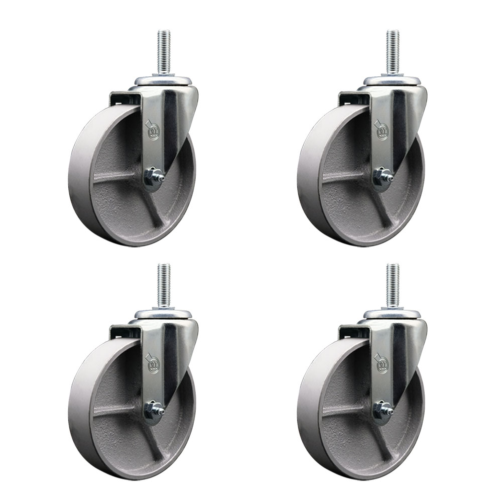 Semi Steel Cast Iron Swivel Threaded Stem Caster  Set of 4 w/5" x 1.25" Silver Wheels and 5/8" Stems - Includes 4 with Posi Lock Brakes - 1200 lbs Total Capacity - Service Caster Brand — photo 1