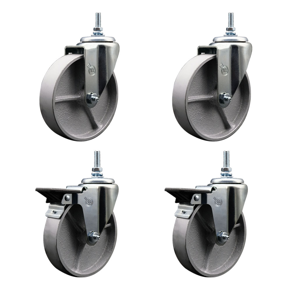 Semi Steel Cast Iron Swivel Threaded Stem Caster Set of 4 w/Roller Bearing - 5" x 1.25" Silver Wheels and 12MM Stems - Includes 2 with Posi Locking Brake -1200lbs Total Capacity - Service Caster Brand — photo 1