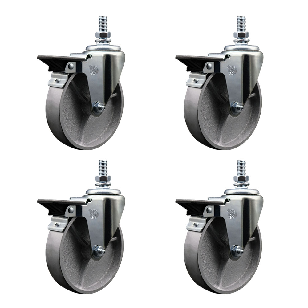 Semi Steel Cast Iron Swivel Threaded Stem Caster w/Roller Bearing Set of 4 w/5" x 1.25" Silver Wheels and 3/4" Stems - Includes 4 with Posi Lock Brakes - 1200 lbs Total Capacity - Service Caster Brand — photo 1