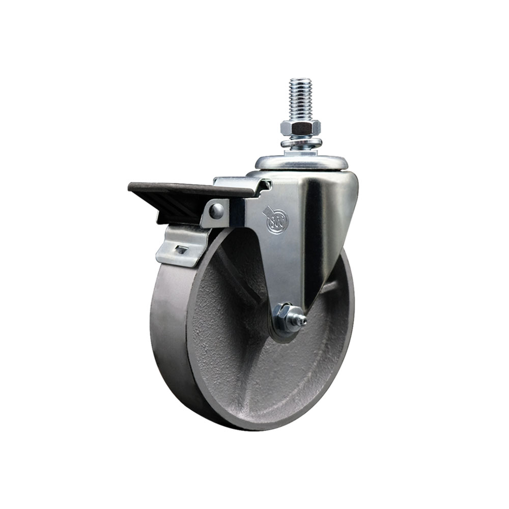 Semi Steel Cast Iron Swivel Threaded Stem Caster w/Roller Bearing - 5" x 1.25" Silver Wheel and 3/4" Stem & Posi Locking Brake - 300 lbs Capacity/Caster - Service Caster Brand — photo 1