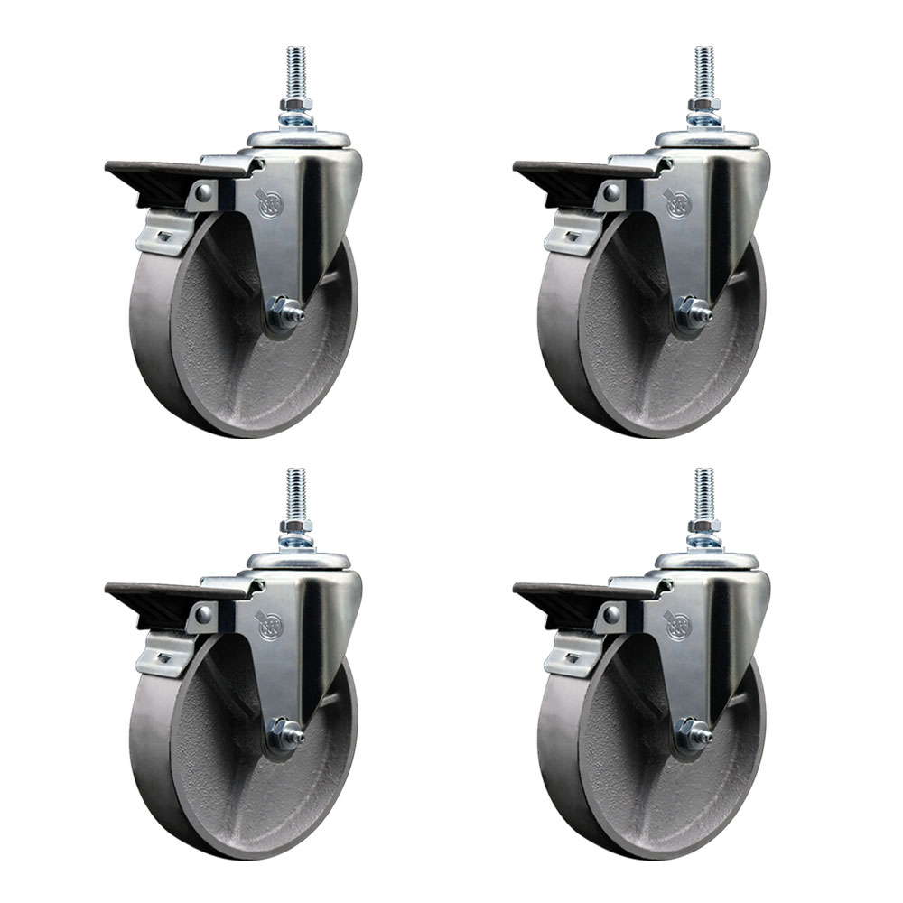 Semi Steel Cast Iron Swivel Threaded Stem Caster w/Roller Bearing Set of 4 w/5" x 1.5" Silver Wheels and 3/8" Stems - Includes 4 with Posi Lock Brakes - 1200 lbs Total Capacity - Service Caster Brand — photo 1