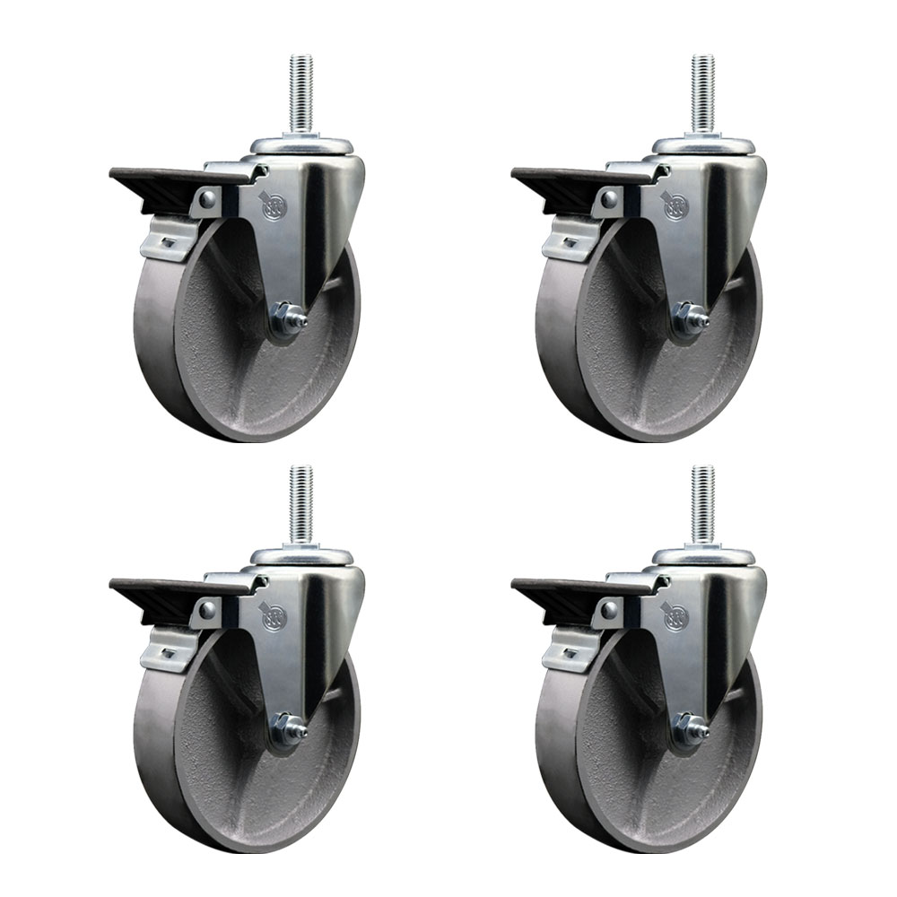 Semi Steel Cast Iron Swivel Threaded Stem Caster Set of 4 w/5" x 1.25" Silver Wheels and 5/8" Stems - Includes 4 Swivel - 1200 lbs Total Capacity - Service Caster Brand — photo 1