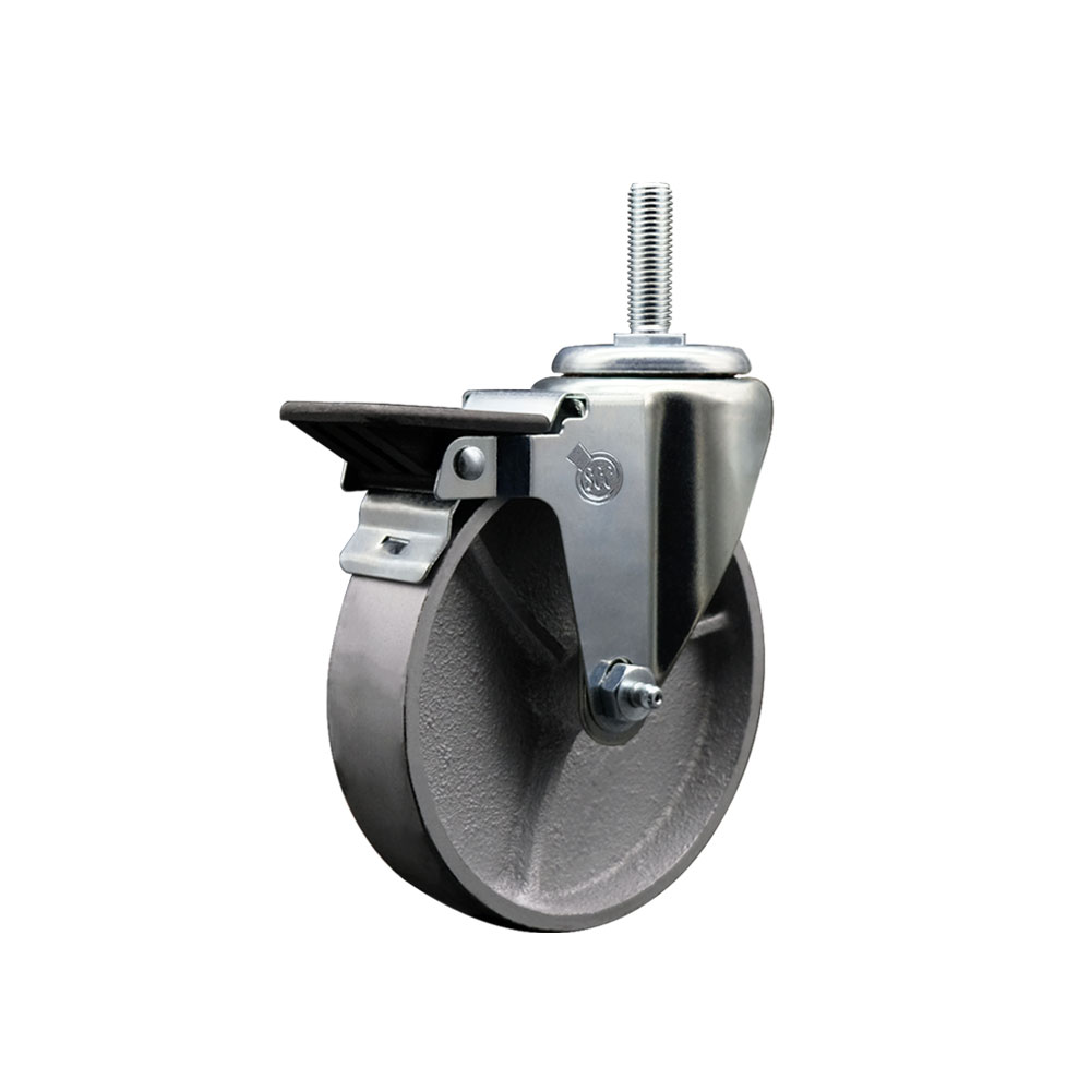 Semi Steel Cast Iron Swivel Threaded Stem Caster w/Roller Bearing - 5" x 1.5" Silver Wheel and 5/8" Stem & Posi Locking Brake - 300 lbs Capacity/Caster - Service Caster Brand — photo 1