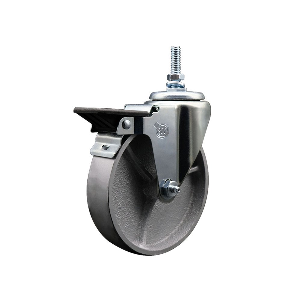 Semi Steel Cast Iron Swivel Threaded Stem Caster w/Roller Bearing - 5" x 1.5" Silver Wheel and 12MM Stem & Posi Locking Brake - 300 lbs Capacity/Caster - Service Caster Brand — photo 1