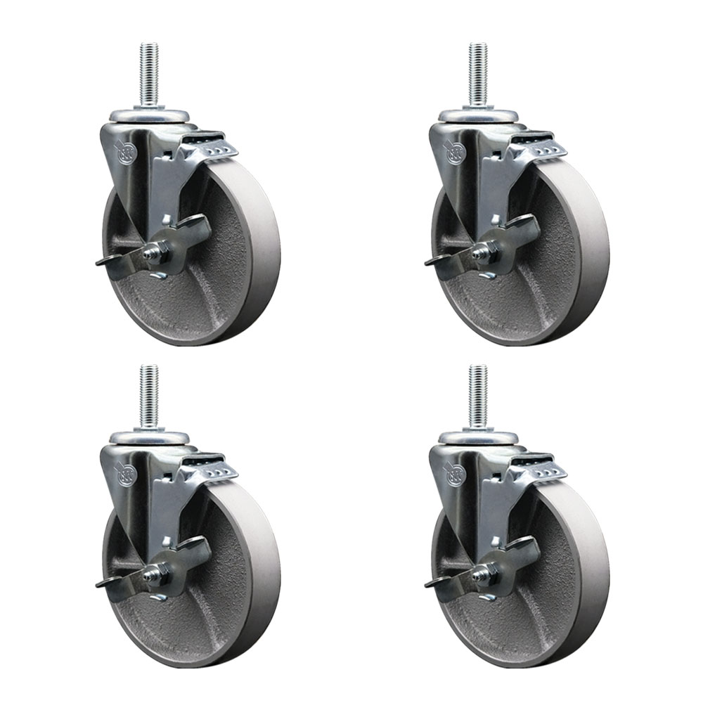 Semi Steel Cast Iron Swivel Threaded Stem Caster w/Roller Bearing Set of 4 w/5" x 1.5" Silver Wheels and 3/4" Stems - Includes 4 with Top Lock Brakes - 1200 lbs Total Capacity - Service Caster Brand — photo 1