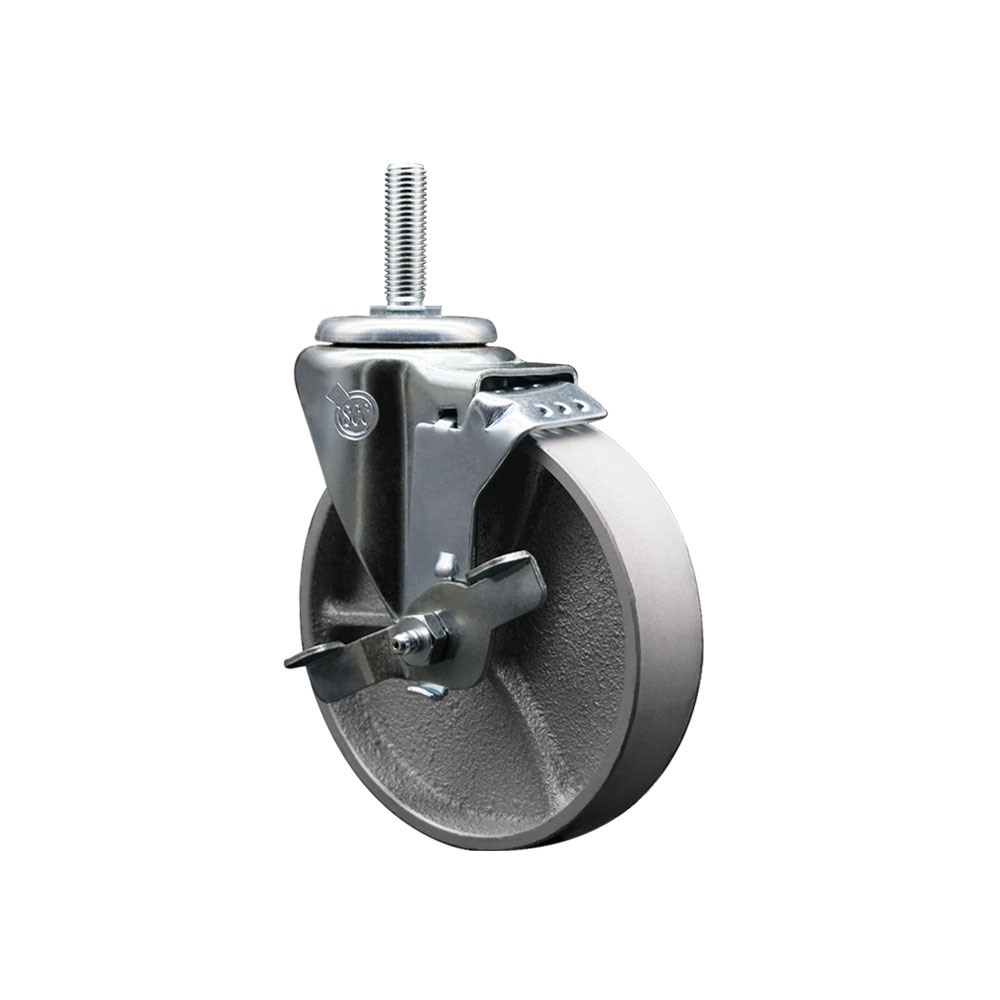 Semi Steel Cast Iron Swivel Threaded Stem Caster w/Roller Bearing - 5" x 1.5" Silver Wheel and 3/4" Stem & Top Locking Brake - 300 lbs Capacity/Caster - Service Caster Brand — photo 1