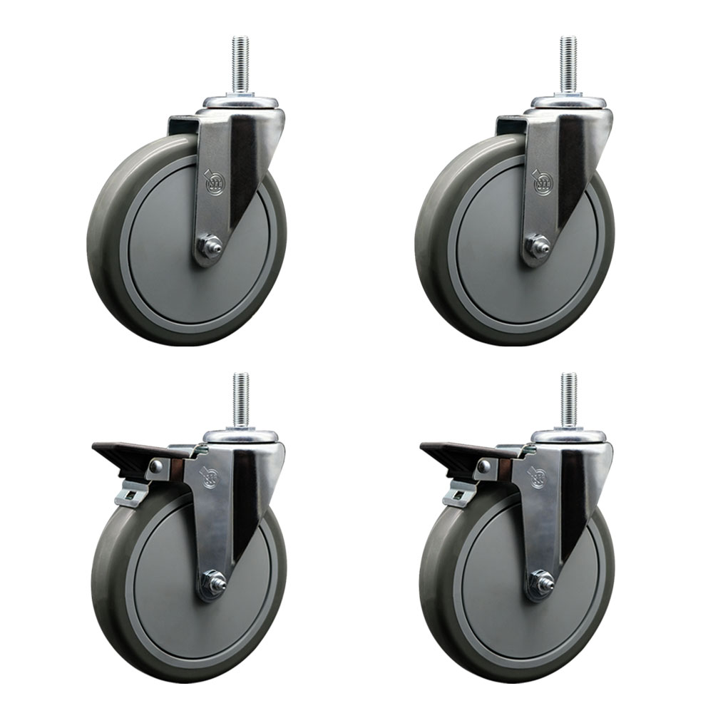 Polyurethane Swivel Threaded Stem Caster Set of 4 w/6" x 1.25" Gray Wheels and 3/4" Stems - Includes 2 with Posi Locking Brake - 1400 lbs Total Capacity - Service Caster Brand — photo 1
