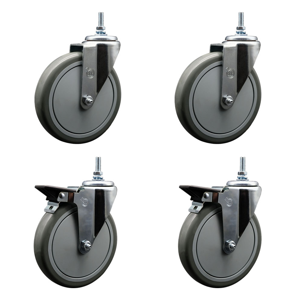 Polyurethane Swivel Threaded Stem Caster Set of 4 w/6" x 1.25" Gray Wheels and 3/8" Stems - Includes 2 with Posi Locking Brake - 1400 lbs Total Capacity - Service Caster Brand — photo 1