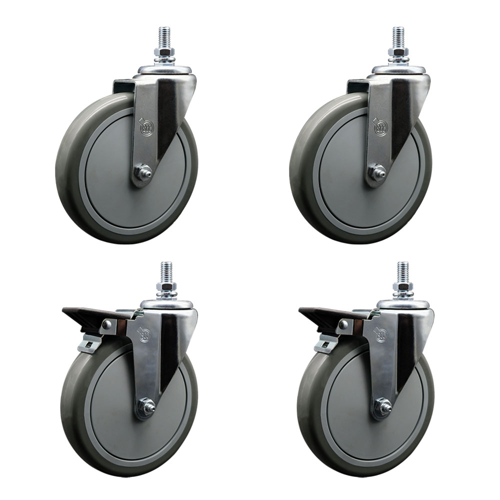 Polyurethane Swivel Threaded Stem Caster Set of 4 w/5" x 1.25" Gray Wheels and 10MM Stems - Includes 2 with Posi Locking Brake - 1400 lbs Total Capacity - Service Caster Brand — photo 1