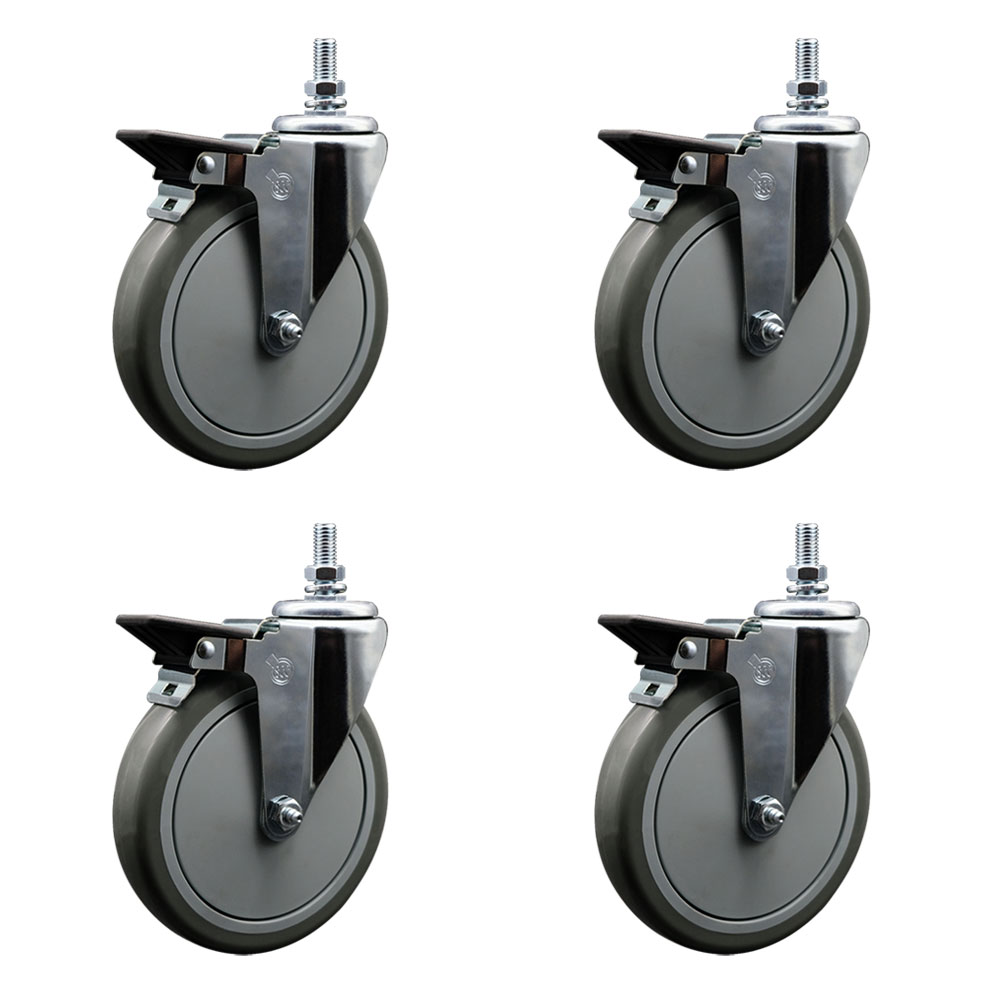 Polyurethane Swivel Threaded Stem Caster Set of 4 w/6" x 1.25" Gray Wheels and 1/2" Stems - Includes 4 with Posi Lock Brakes - 1400 lbs Total Capacity - Service Caster Brand — photo 1