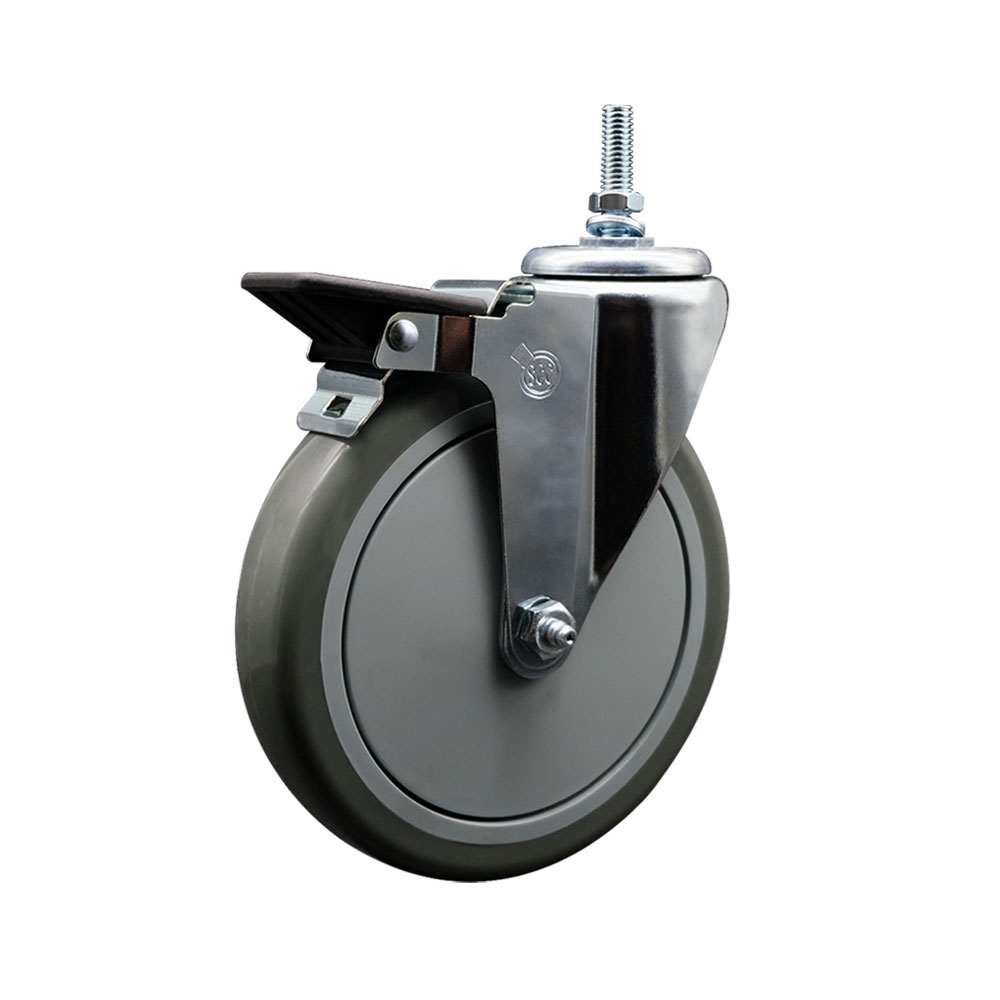 Polyurethane Swivel Threaded Stem Caster w/6" x 1.25" gray Wheel and 3/8" Stem & Posi Locking Brake - 350 lbs Capacity/Caster - Service Caster Brand — photo 1