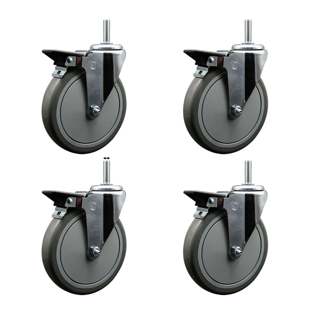 Polyurethane Swivel Threaded Stem Caster Set of 4 w/6" x 1.25" Gray Wheels and 5/8" Stems - Includes 4 with Posi Lock Brakes - 1400 lbs Total Capacity - Service Caster Brand — photo 1