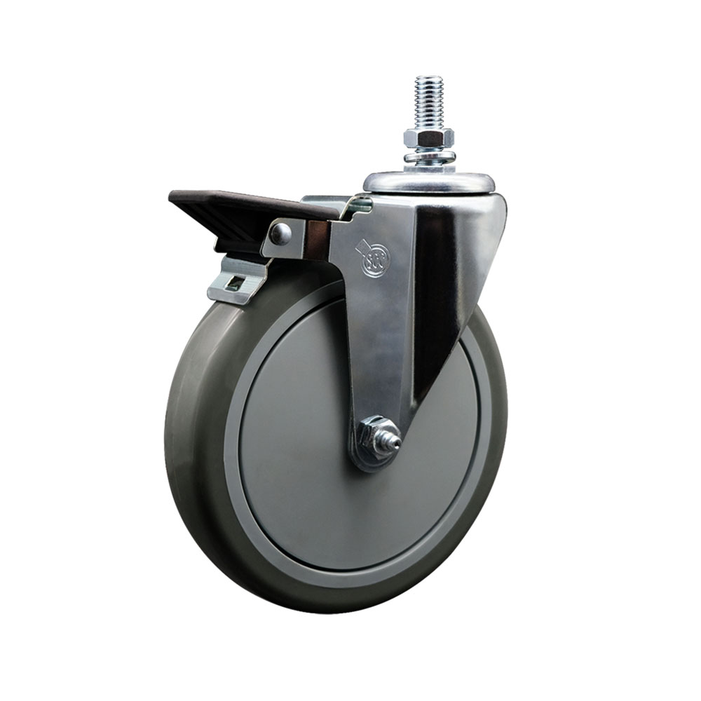 Polyurethane Swivel Threaded Stem Caster w/5" x 1.25" gray Wheel and 10MM Stem & Posi Locking Brake - 350 lbs Capacity/Caster - Service Caster Brand — photo 1