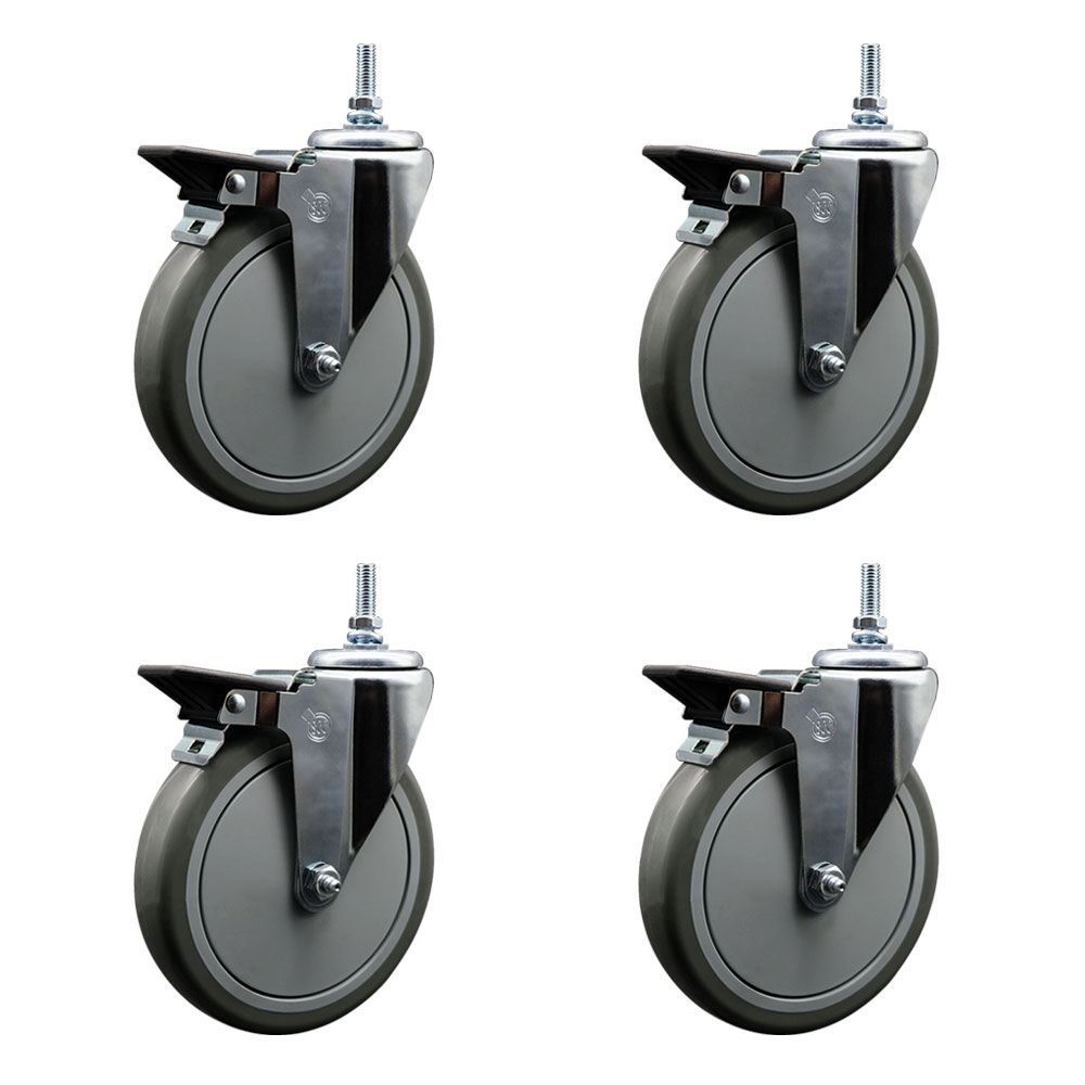 Polyurethane Swivel Threaded Stem Caster Set of 4 w/6" x 1.25" Gray Wheels and 12MM Stems - Includes 4 with Posi Lock Brakes - 1400 lbs Total Capacity - Service Caster Brand — photo 1