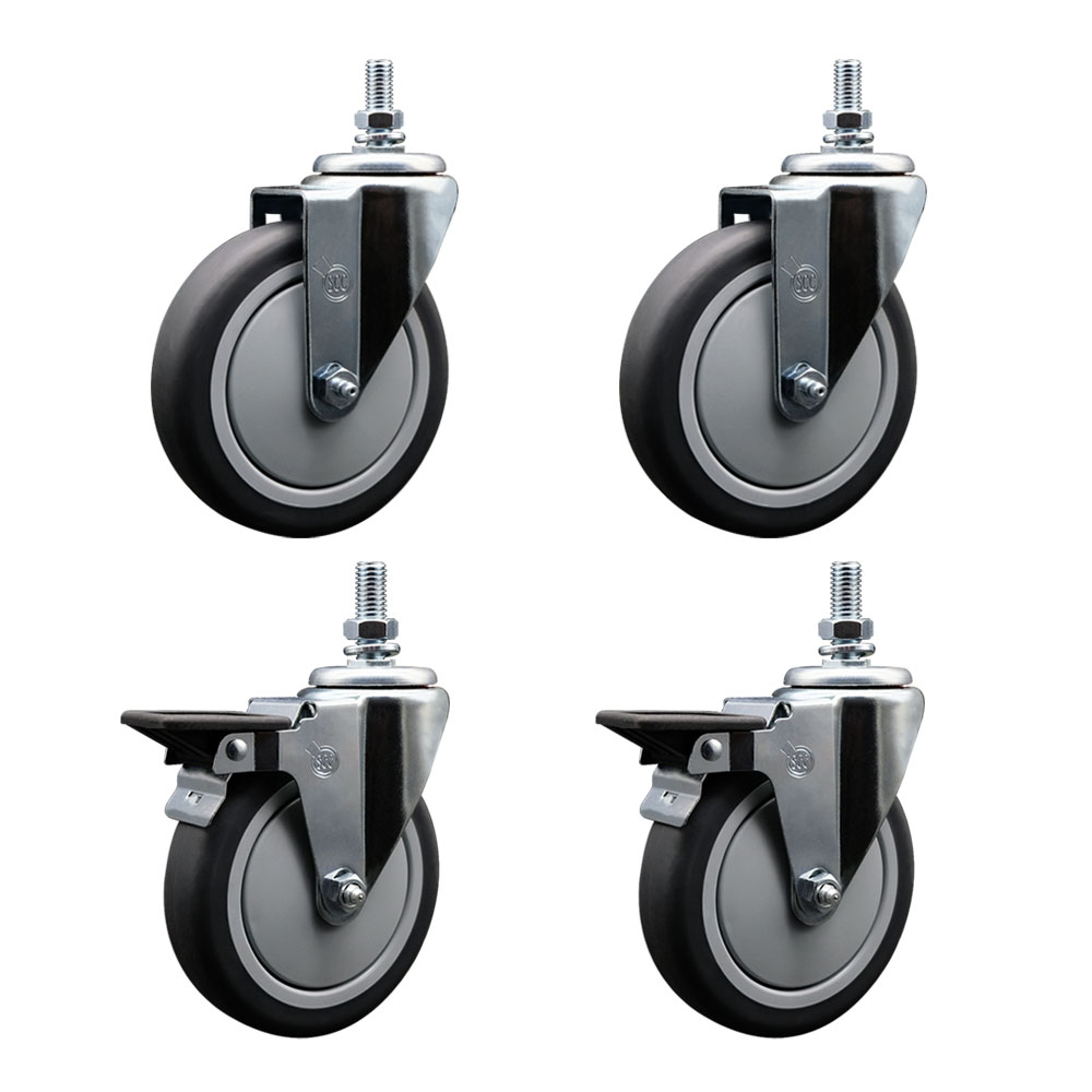 Thermoplastic Rubber Swivel Threaded Stem Caster Set of 4 - 6" x 1.25" Gray Wheels and 1/2" Stems - Includes 2 with Posi Locking Brake - 1200 lbs Total Capacity - Service Caster Brand — photo 1