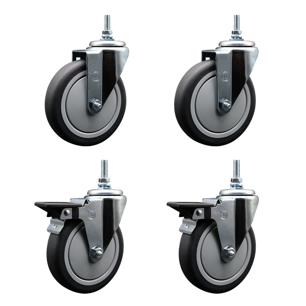 Thermoplastic Rubber Swivel Threaded Stem Caster Set of 4 - 6" x 1.25" Gray Wheels and 3/8" Stems - Includes 2 with Posi Locking Brake - 1200 lbs Total Capacity - Service Caster Brand — photo 1