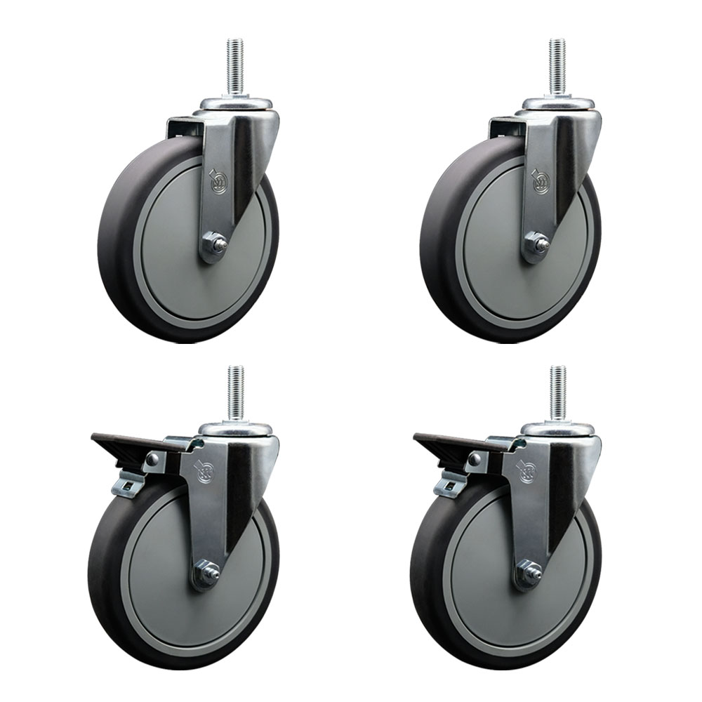 Thermoplastic Rubber Swivel Threaded Stem Caster Set of 4 - 6" x 1.25" Gray Wheels and 5/8" Stems - Includes 2 with Posi Locking Brake - 1200 lbs Total Capacity - Service Caster Brand — photo 1