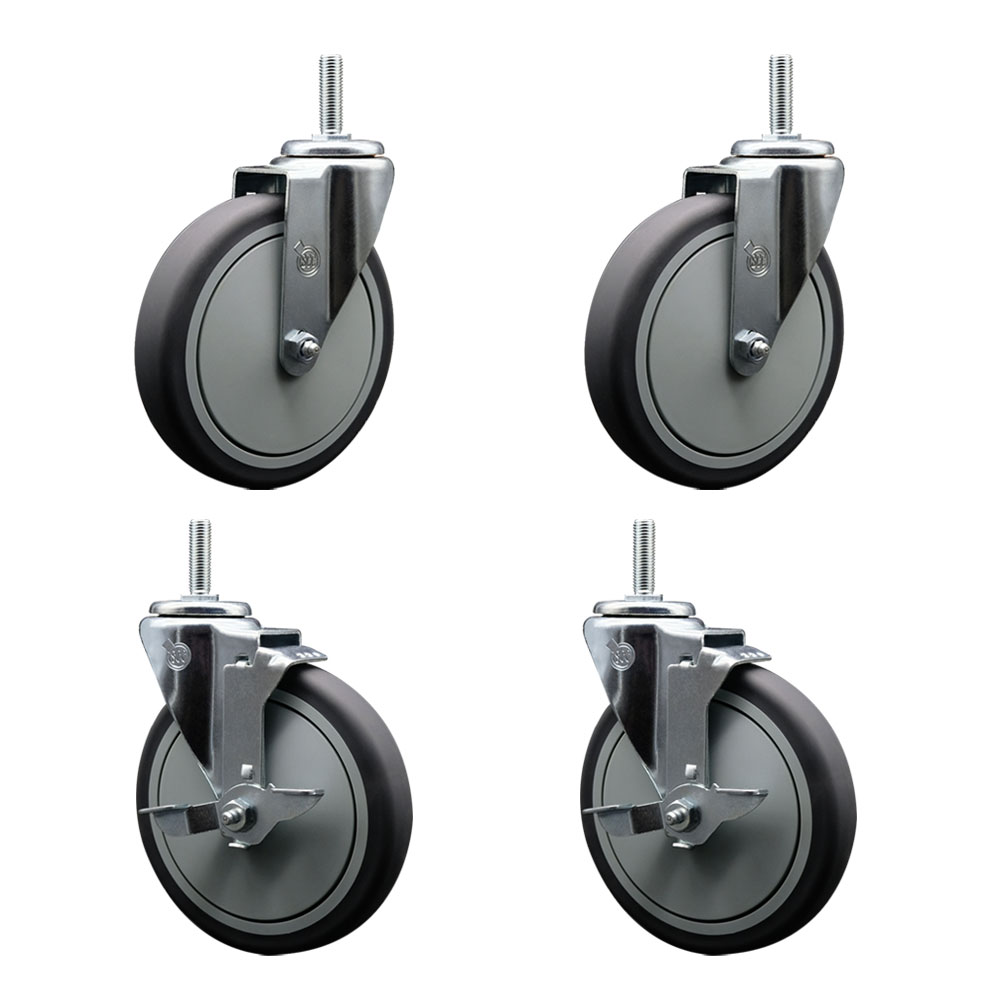 Thermoplastic Rubber Swivel Threaded Stem Caster Set of 4 - 6" x 1.25" Gray Wheels and 5/8" Stems - Includes 2 with Top Locking Brake - 1200 lbs Total Capacity - Service Caster Brand — photo 1