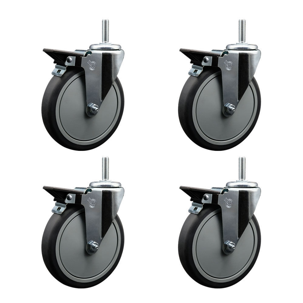 Thermoplastic Rubber Swivel Threaded Stem Caster Set of 4 w/6" x 1.25" Gray Wheels and 5/8" Stems - Includes 4 with Posi Lock Brakes - 1200 lbs Total Capacity - Service Caster Brand — photo 1