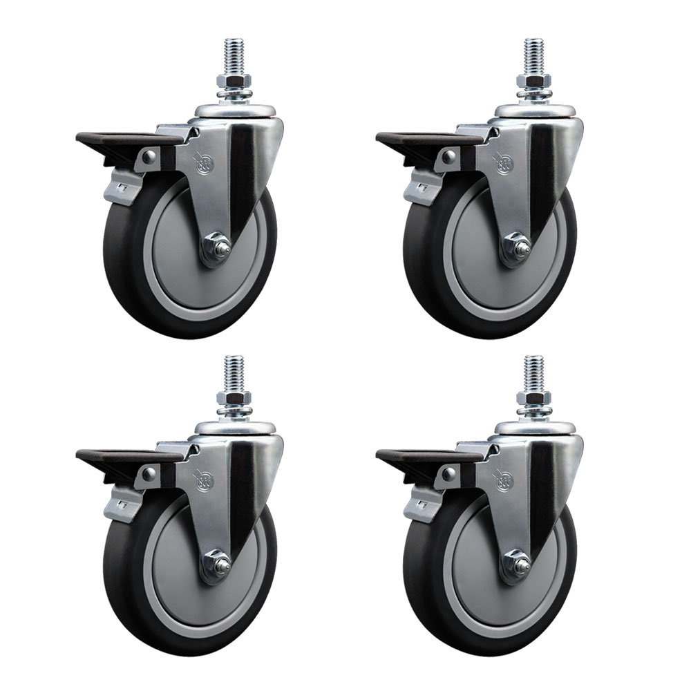 Thermoplastic Rubber Swivel Threaded Stem Caster Set of 4 w/6" x 1.25" Gray Wheels and 10MM Stems - Includes 4 with Posi Lock Brakes - 1200 lbs Total Capacity - Service Caster Brand — photo 1