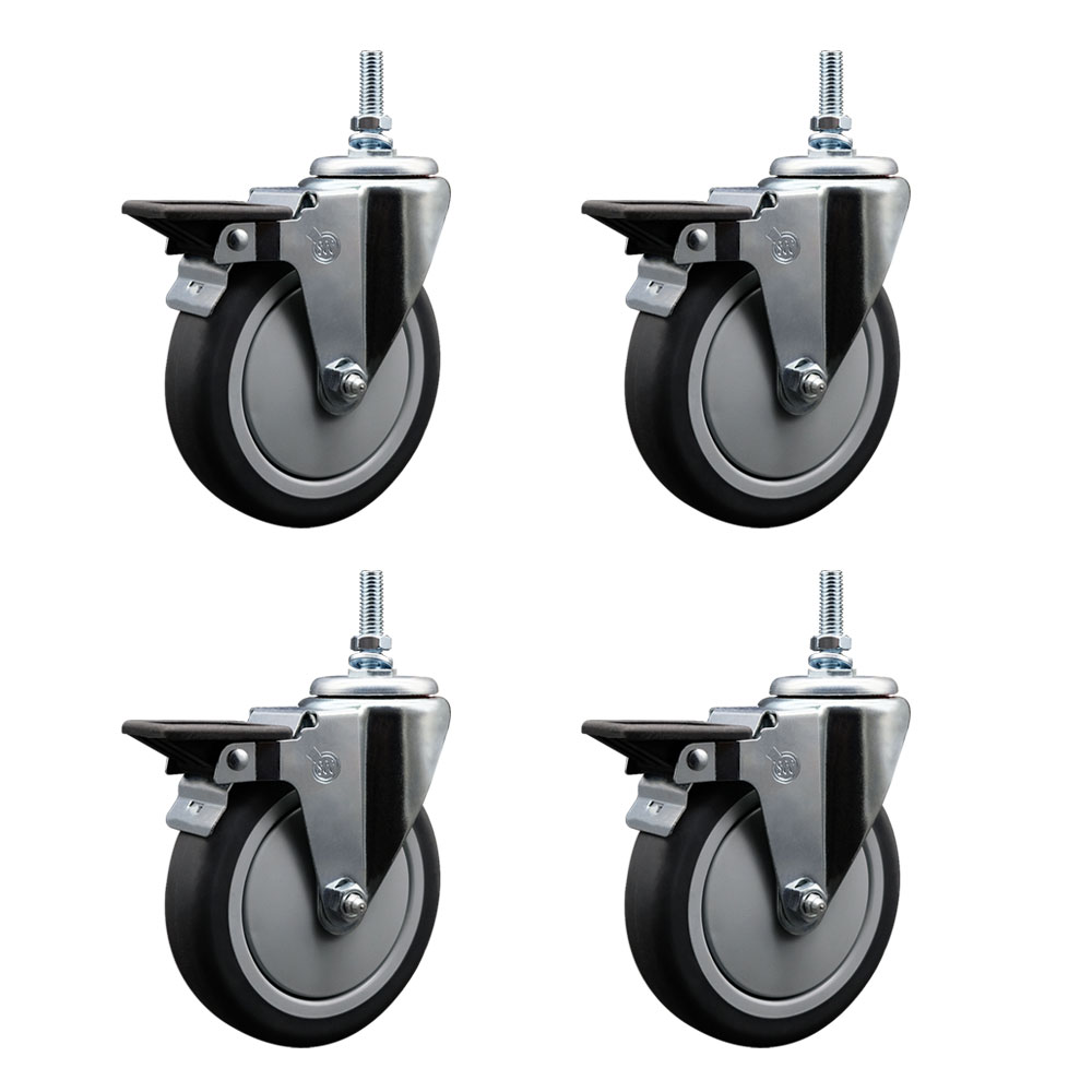 Thermoplastic Rubber Swivel Threaded Stem Caster Set of 4 w/6" x 1.25" Gray Wheels and 12MM Stems - Includes 4 with Posi Lock Brakes - 1200 lbs Total Capacity - Service Caster Brand — photo 1