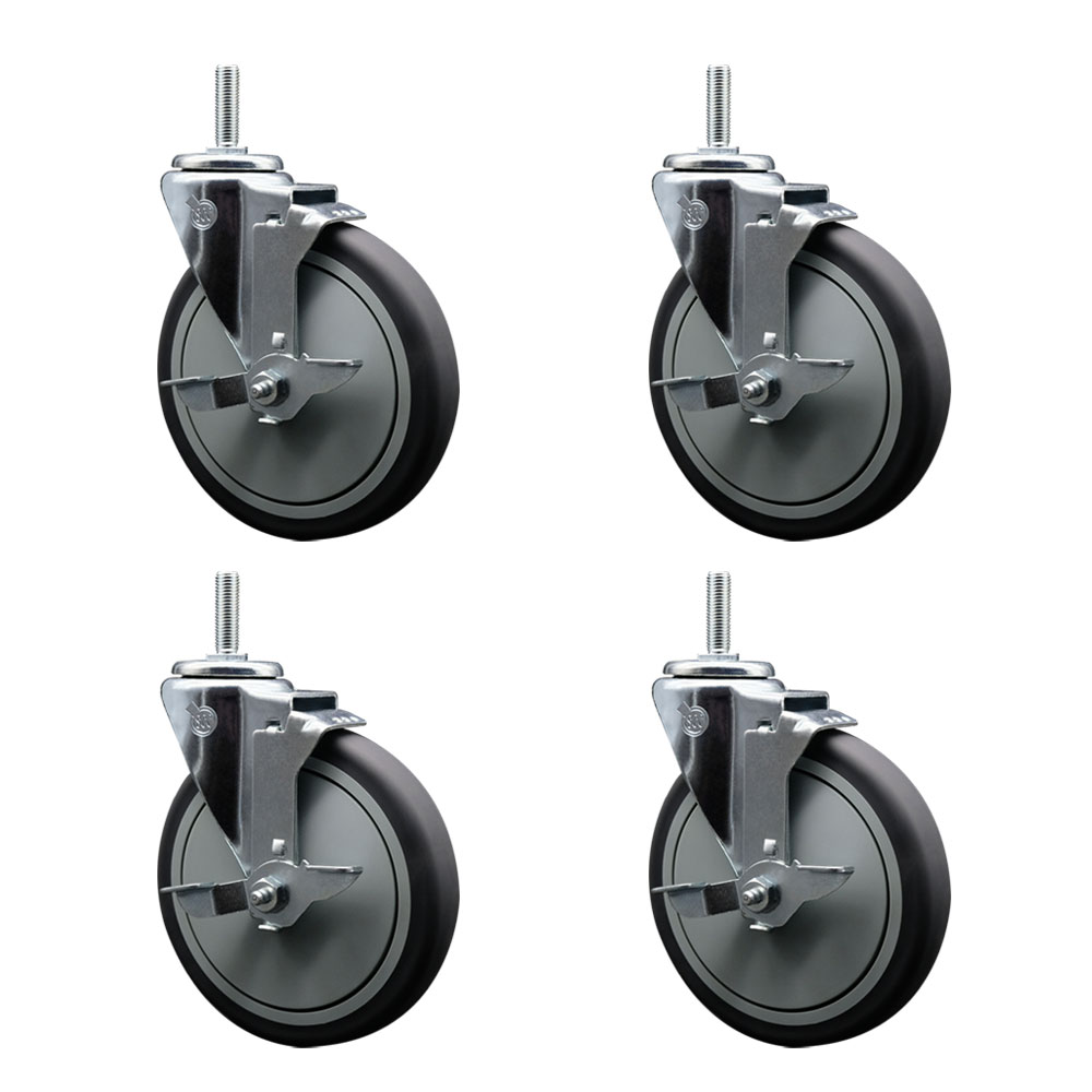 Thermoplastic Rubber Swivel Threaded Stem Caster Set of 4 w/6" x 1.25" Gray Wheels and 3/4" Stems - Includes 4 with Top Lock Brakes - 1200 lbs Total Capacity - Service Caster Brand — photo 1
