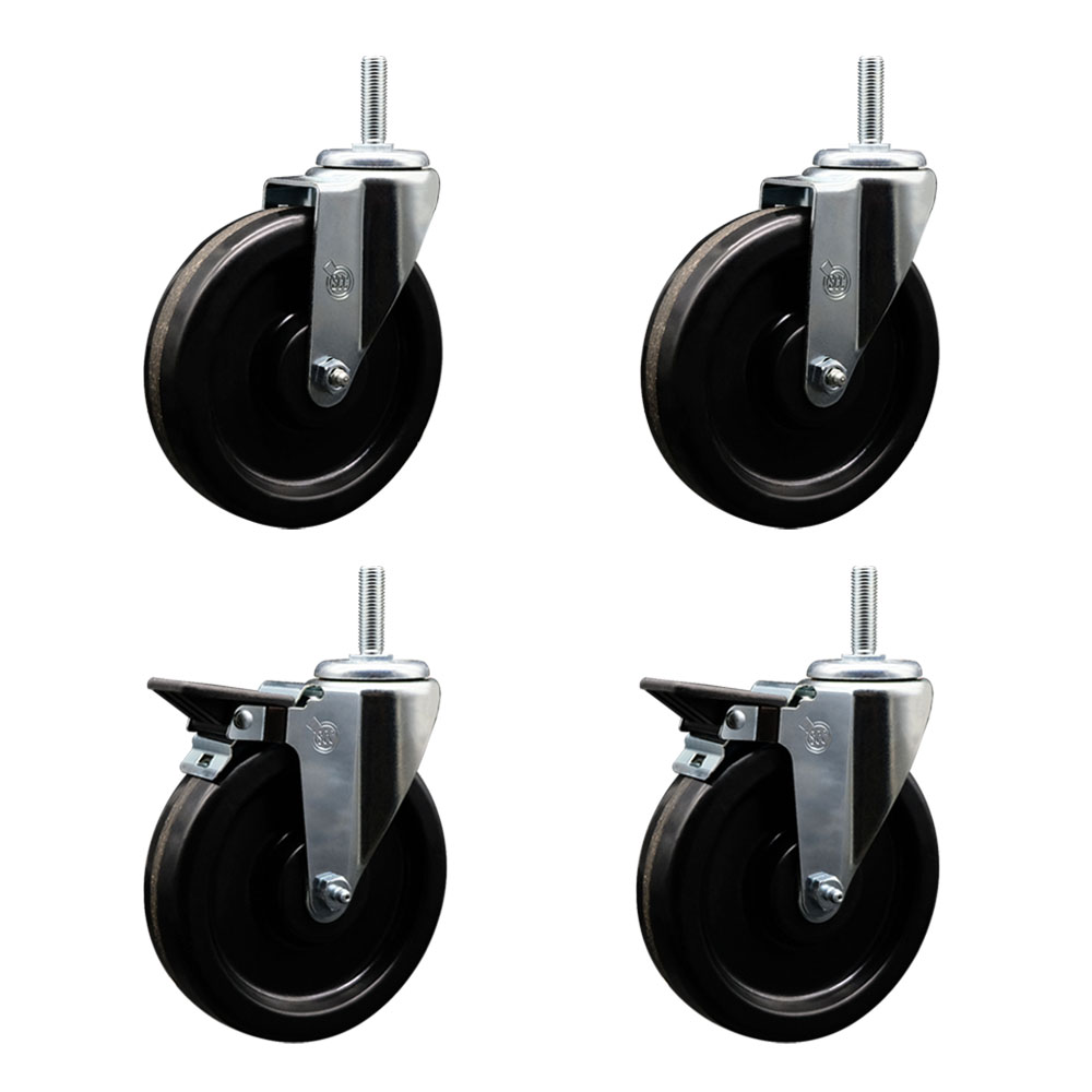 Phenolic Swivel Threaded Stem Caster Set of 4 w/6" x 1.25" Black Wheels and 5/8" Stems - Includes 2 with Posi Locking Brake - 1200 lbs Total Capacity - Service Caster Brand — photo 1
