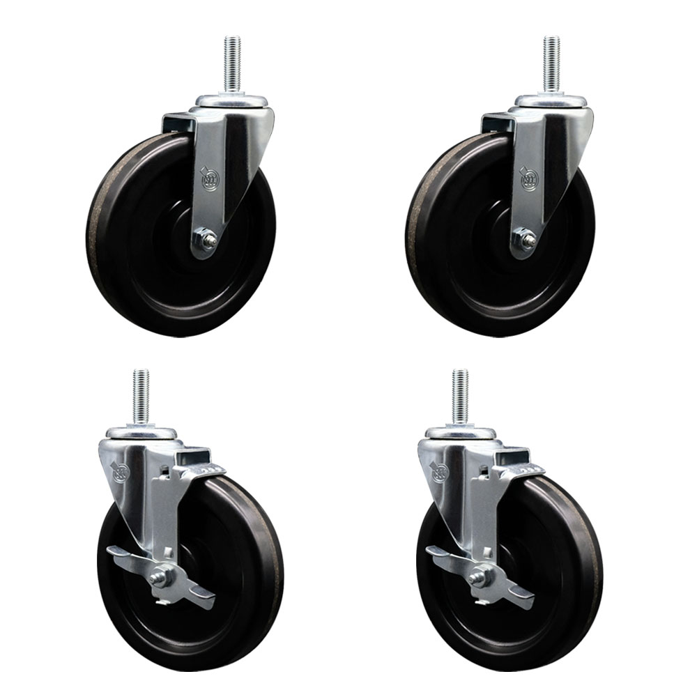 Phenolic Swivel Threaded Stem Caster Set of 4 w/6" x 1.25" Black Wheels and 3/4" Stems - Includes 2 with Top Locking Brake - 1200 lbs Total Capacity - Service Caster Brand — photo 1