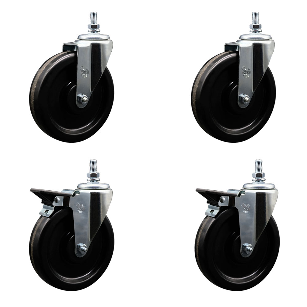 Phenolic Swivel Threaded Stem Caster Set of 4 w/6" x 1.25" Black Wheels and 10MM Stems - Includes 2 with Posi Locking Brake - 1200 lbs Total Capacity - Service Caster Brand — photo 1