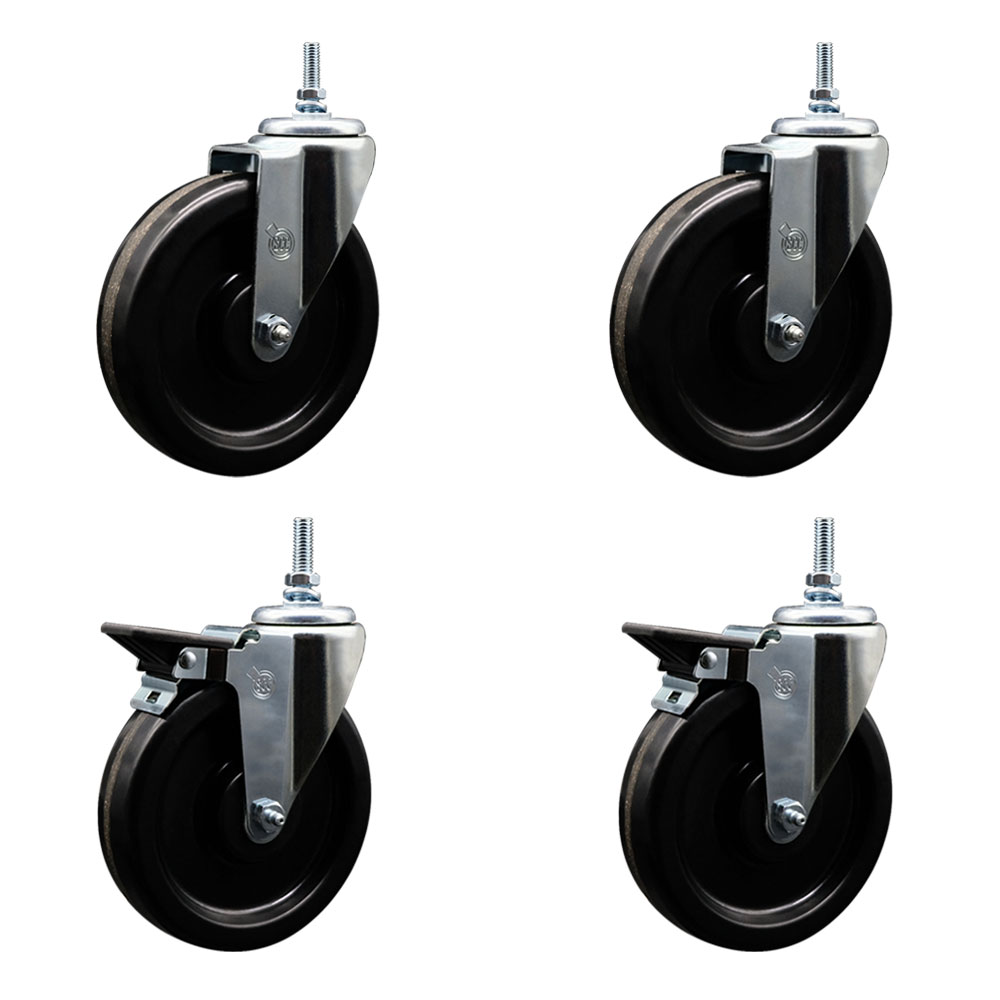 Phenolic Swivel Threaded Stem Caster Set of 4 w/6" x 1.25" Black Wheels and 12MM Stems - Includes 2 with Posi Locking Brake - 1200 lbs Total Capacity - Service Caster Brand — photo 1