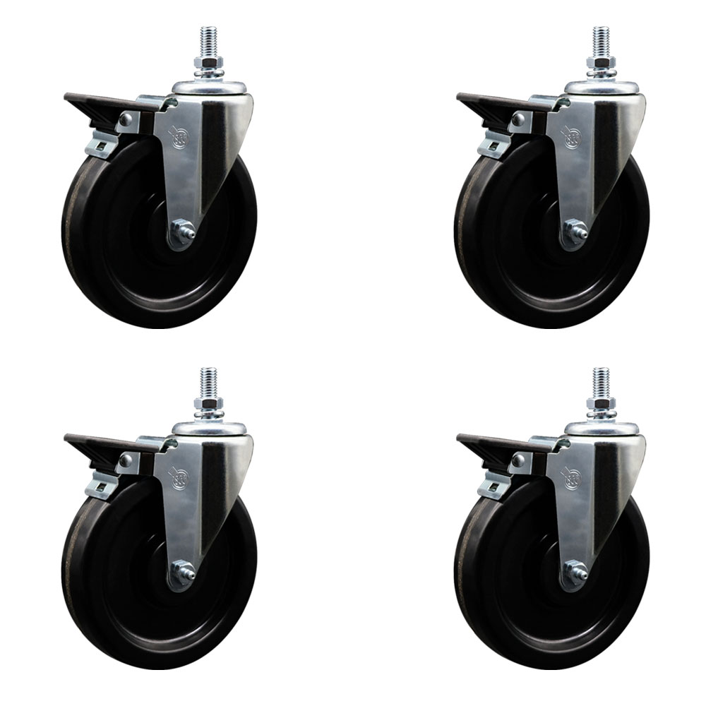 Phenolic Swivel Threaded Stem Caster Set of 4 w/6" x 1.25" Black Wheels and 1/2" Stems - Includes 4 with Posi Lock Brakes - 1200 lbs Total Capacity - Service Caster Brand — photo 1