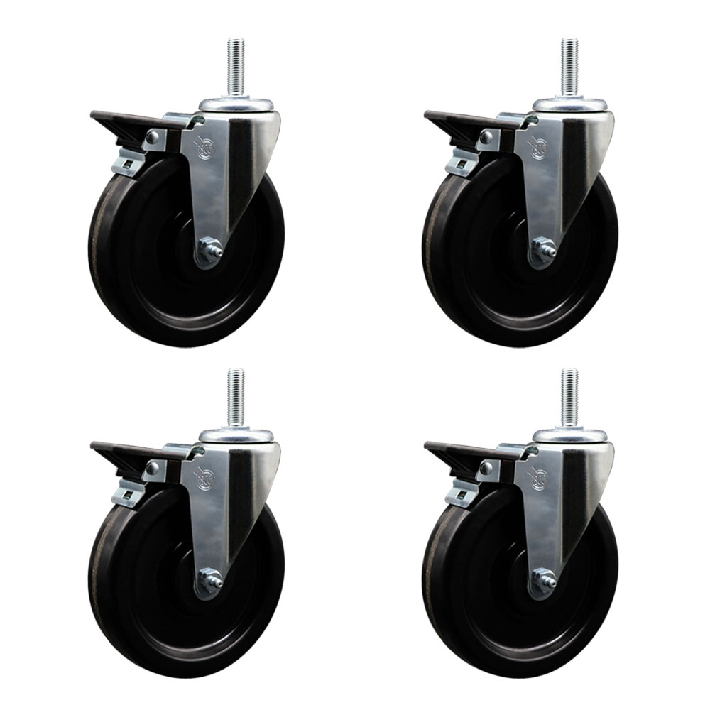Phenolic Swivel Threaded Stem Caster Set of 4 w/6" x 1.25" Black Wheels and 5/8" Stems - Includes 4 with Posi Lock Brakes - 1200 lbs Total Capacity - Service Caster Brand — photo 1