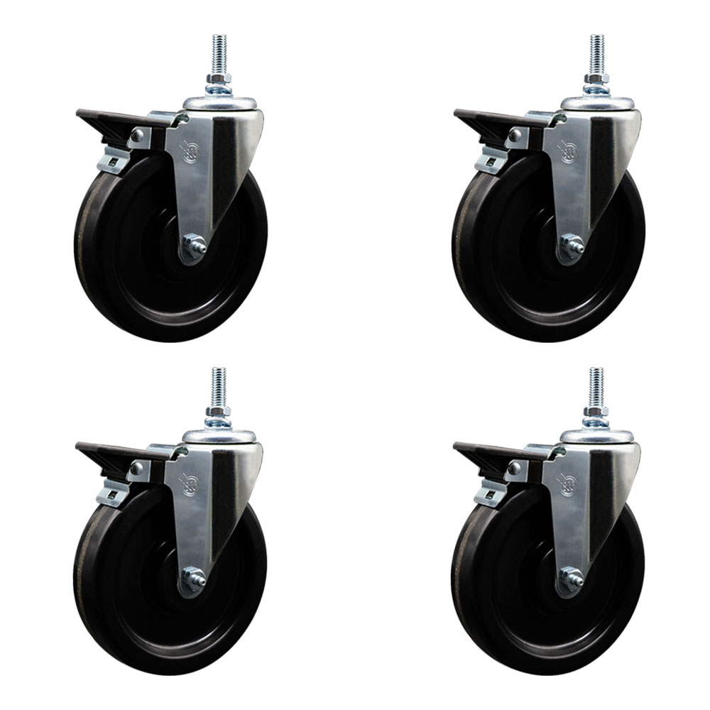 Phenolic Swivel Threaded Stem Caster Set of 4 w/6" x 1.25" Black Wheels and 12MM Stems - Includes 4 with Posi Lock Brakes - 1200 lbs Total Capacity - Service Caster Brand — photo 1