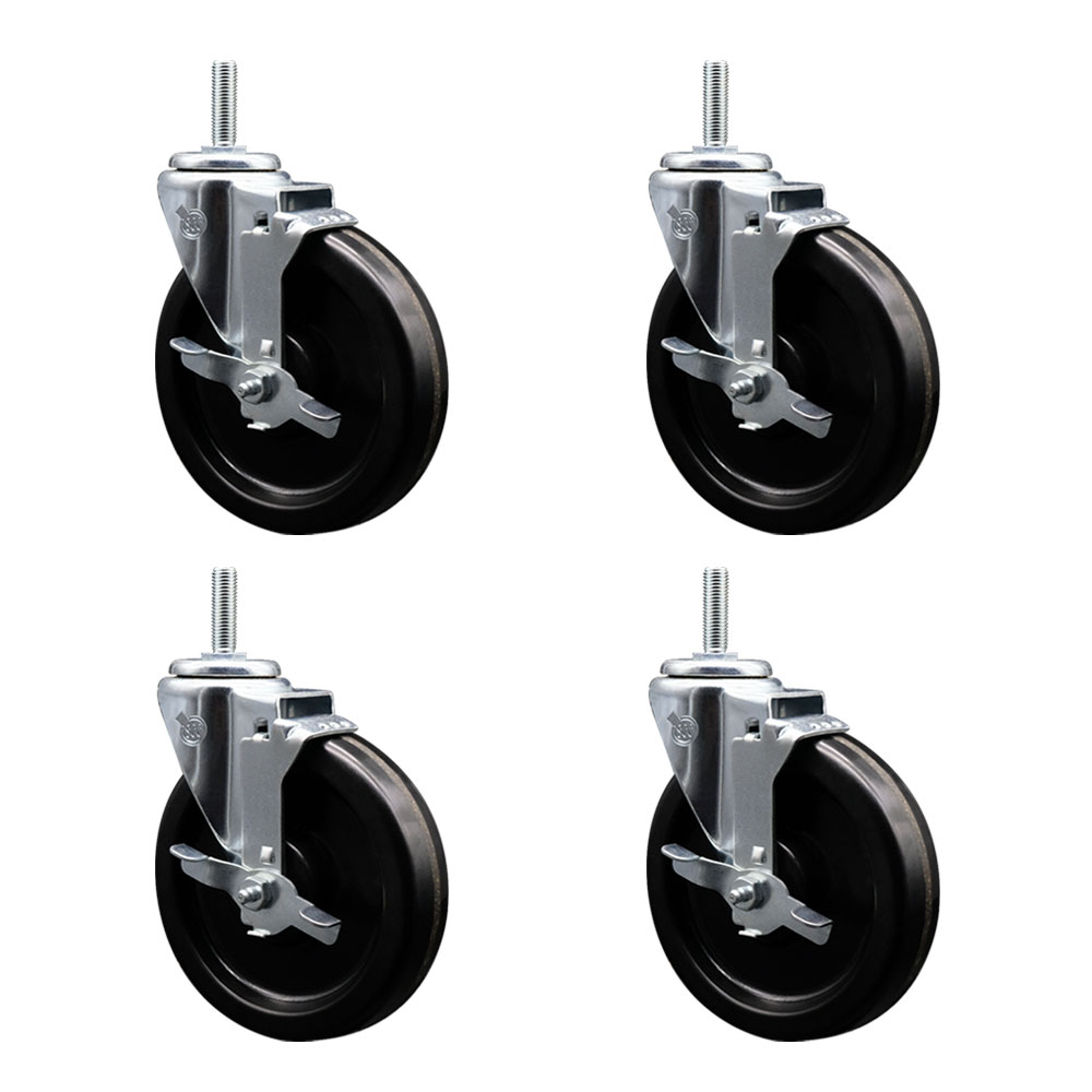 Phenolic Swivel Threaded Stem Caster Set of 4 w/6" x 1.25" Black Wheels and 3/4" Stems - Includes 4 with Top Lock Brakes - 1200 lbs Total Capacity - Service Caster Brand — photo 1