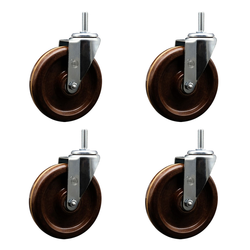 High Temp Phenolic Swivel Threaded Stem Caster Set of 4 w/6" x 1.5" Brown Wheels and 5/8" Stems - Includes 4 Swivel - 1200 lbs Total Capacity - Service Caster Brand — photo 1
