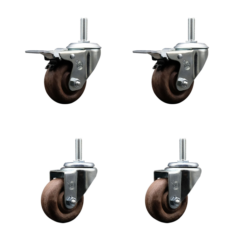 High Temp Glass Filled Nylon Swivel Threaded Stem Caster Set of 4 w/3" x 1.25" Brown Wheels and 3/4" Stems - Includes 2 with Total Locking Brake - 1400 lbs Total Capacity - Service Caster Brand — photo 1