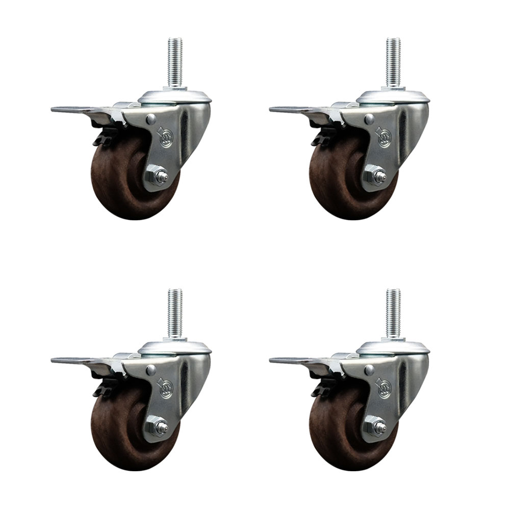 High Temp Glass Filled Nylon Swivel Threaded Stem Caster Set of 4 w/3" x 1.25" Brown Wheels and 5/8" Stems - Includes 4 with Total Lock Brakes - 1400 lbs Total Capacity - Service Caster Brand — photo 1